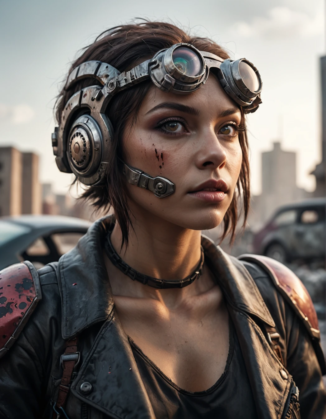 realistic photo modelshoot style, (detailed face), (woman waifu in a cramped rusty hydraulic mech exoskeleton), sunset, oily, sweaty, dirty, ripped, post-apocalyptic