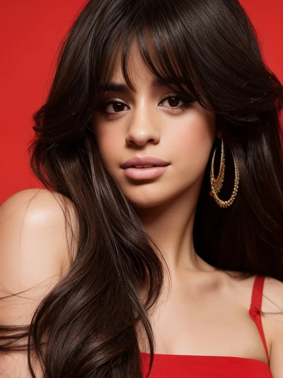 1 woman, camilacabello, bangs, bare shoulders, shiny brown eyes, closed mouth, eyelashes, face, lips, long hair, looking at viewer, face, nose, portrait, photorealistic realistic, red background, alone
