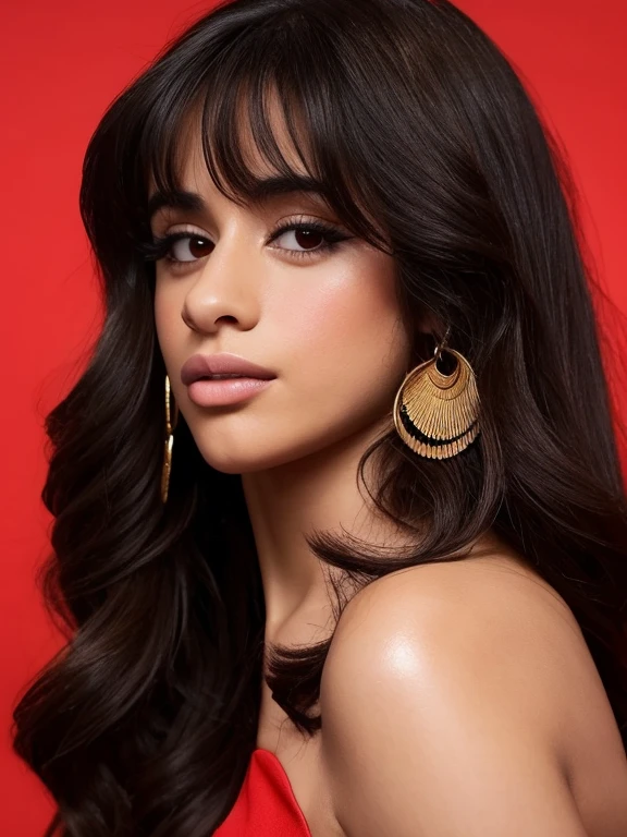 1 woman, camilacabello, bangs, bare shoulders, shiny brown eyes, closed mouth, eyelashes, face, lips, long hair, looking at viewer, face, nose, portrait, photorealistic realistic, red background, alone
