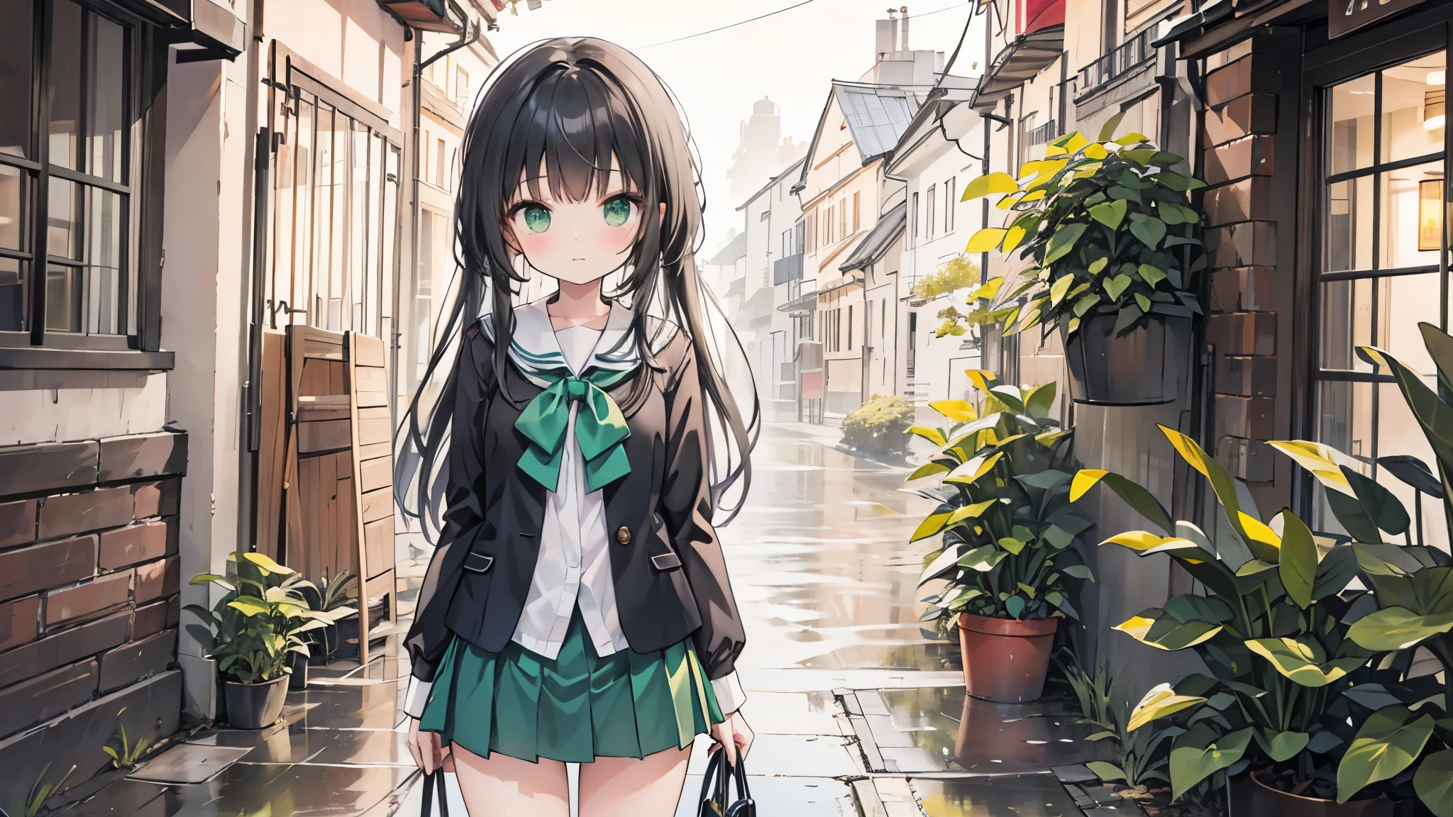 ((Best Quality, 8k, masterpiece: 1.3)),Human Girl,((Petite,Glamorous Body,Curvy)),cute,Lonely look,((Black Hair)),Long Hair,Beautiful emerald green eyes,Standing posture,Bust Shot,(((White blouse,Green tie,Green pleated mini skirt,Black socks,loafers))),((Pouring rain,Sheltering from the rain under the eaves)),Hand trying to hand over an umbrella,