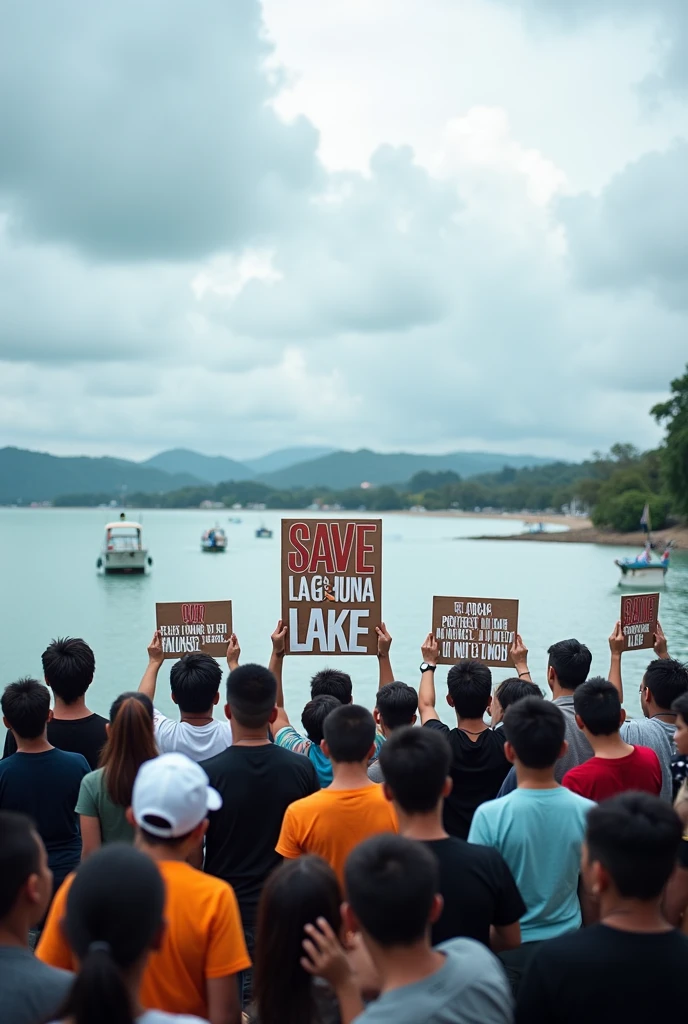A boy protesting about water pollution and then the same one throwing his trash into the water now that he throws the trash into the water and laughs