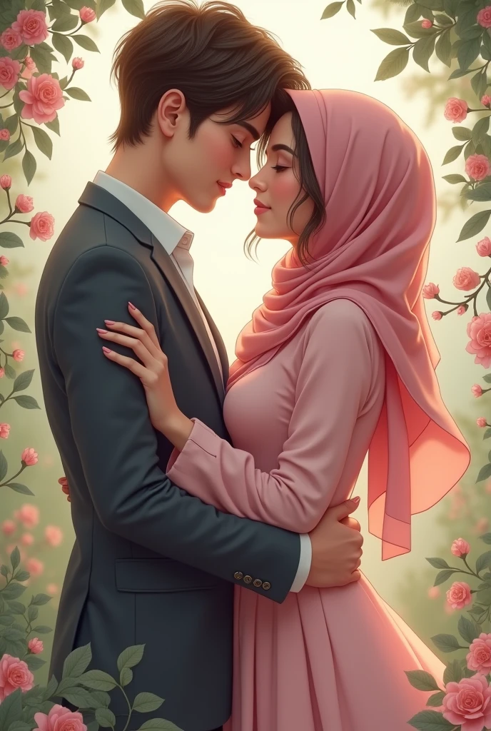 (1 gorgeous malay girl hijab wearing lingerie and bra, wearing bra,big beeast, she is hugging 1 handsome man 40 years old with slick back hair, he is shirtless and wear shorts) he rubs her crotch against her, dynamic pose, ultra realistic, masterpiece, maximum quality, detailed skin texture, skin pores, film grain, eyes closed, skin marks, moles, highly detailed skin, fantasy flower garden, (flowers blooming densely in background), lisianthus, pale pink and light azure color grading, surreal and dreamy environment, ethereal foliage, high contrast, ink strokes, over exposure, abstract, (watercolor painting by John Berkey and Jeremy Mann, brush strokes), flower petals and leaves flying blown by wind, film grain, film noise, cinematic composition ((STRONG SEXUAL DESIRE))
