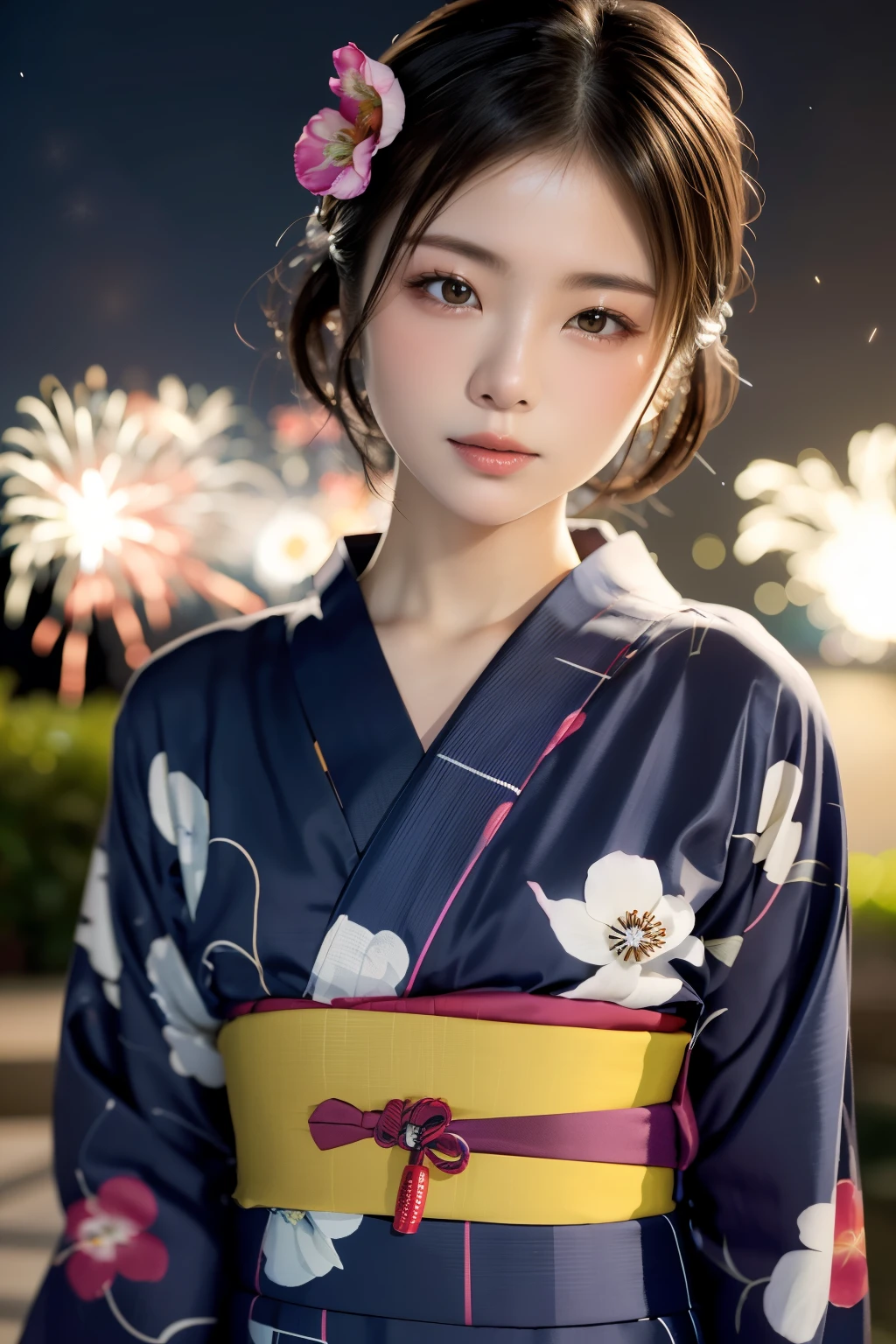 (masterpiece, Best Quality:1.4), Beautiful Face, 8k, 85mm, Absurd, (Floral Yukata:1.4), Face close-up, violet, Gardenia, Delicate girl, Alone, night, View your audience, Upper Body, Film Grain, chromatic aberration, Sharp focus, Face Light, Professional Lighting, Sophisticated, (smile:0.4), (Simple Background, Bokeh Background:1.2), Detailed aspects, (Upper Bodyは裸:1.5), (night空:1.5), (firework:1.5)