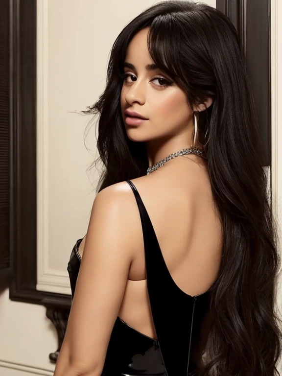 1 woman, camilacabello, bare shoulders, black hair, shiny brown eyes, closed mouth, collarbone, dress, lips, lipstick, long hair, looking away, makeup, nose, solo, upper body
