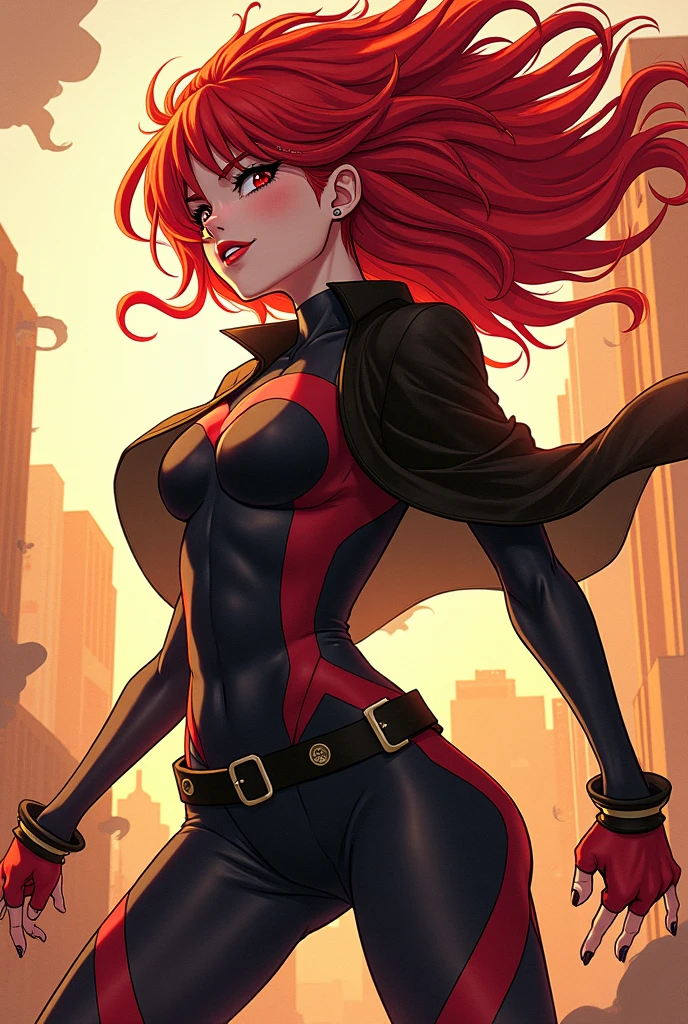 The jaguar is a fierce woman with her fiery hair billowing upwards, reminiscent of the dynamic artwork of John Cassaday. Her outfit combines light orange and navy, creating a striking contrast. Surrounding her are macabre illustrations, adding a touch of darkness to the scene. Polka dots adorn the background, adding a playful element to the overall composition. In her hands, she holds a mythical creature, a manticore, symbolizing her power and strength. The style of the illustration is reminiscent of Steve Sack's work, with its bold lines and expressive detailing. The color palette consists of light orange and light black, creating a mysterious and captivating atmosphere.
