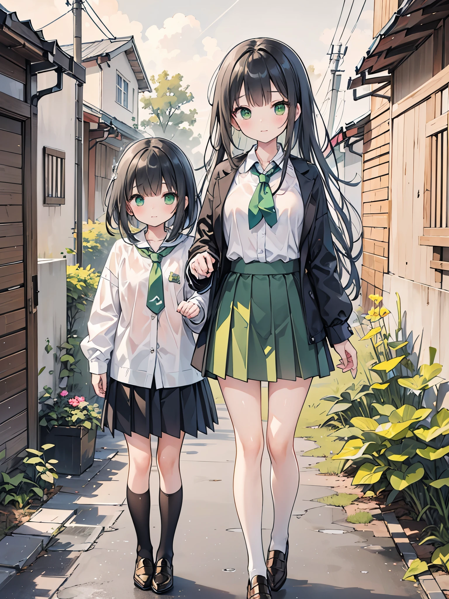 ((Best Quality, 8k, masterpiece: 1.3)),Human Girl,((Petite,Glamorous Body,Curvy)),cute,Lonely look,((Black Hair)),Long Hair,Beautiful emerald green eyes,Standing posture,(((White blouse,Green tie,Green pleated mini skirt,Black socks,loafers))),((Pouring rain,Sheltering from the rain under the eaves)),A hand offering an umbrella to someone sheltering from the rain,