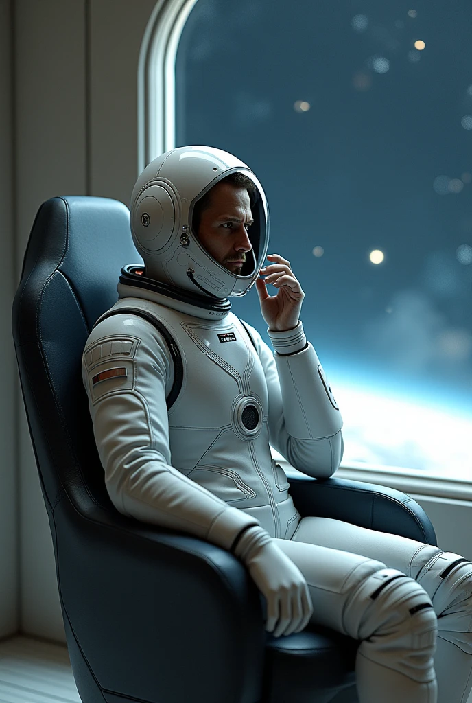 A 1970s Kodachrome picture of an astronaut sitting on a sofa in a 1970s spaceport, muted colour, bokeh,shallow depth of field, Canon 35 mm POV, cross-processed colours, faded photo,wide angle fish eye,full body,1970s architecture, 1970s design aesthetic, shag carpets, browns and oranges