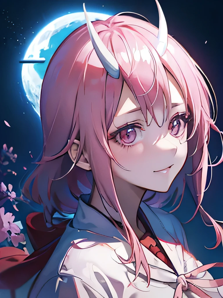 Masseter region, Best Quality, Ultra-high resolution, Best Quality, Anime Style, Best lighting, Beautiful Face, tensura, Shuna, Two white horns, Shrine maiden costume, Pink Hair, Hair length, Great smile, Upper Body，Focus on the face，Two horns