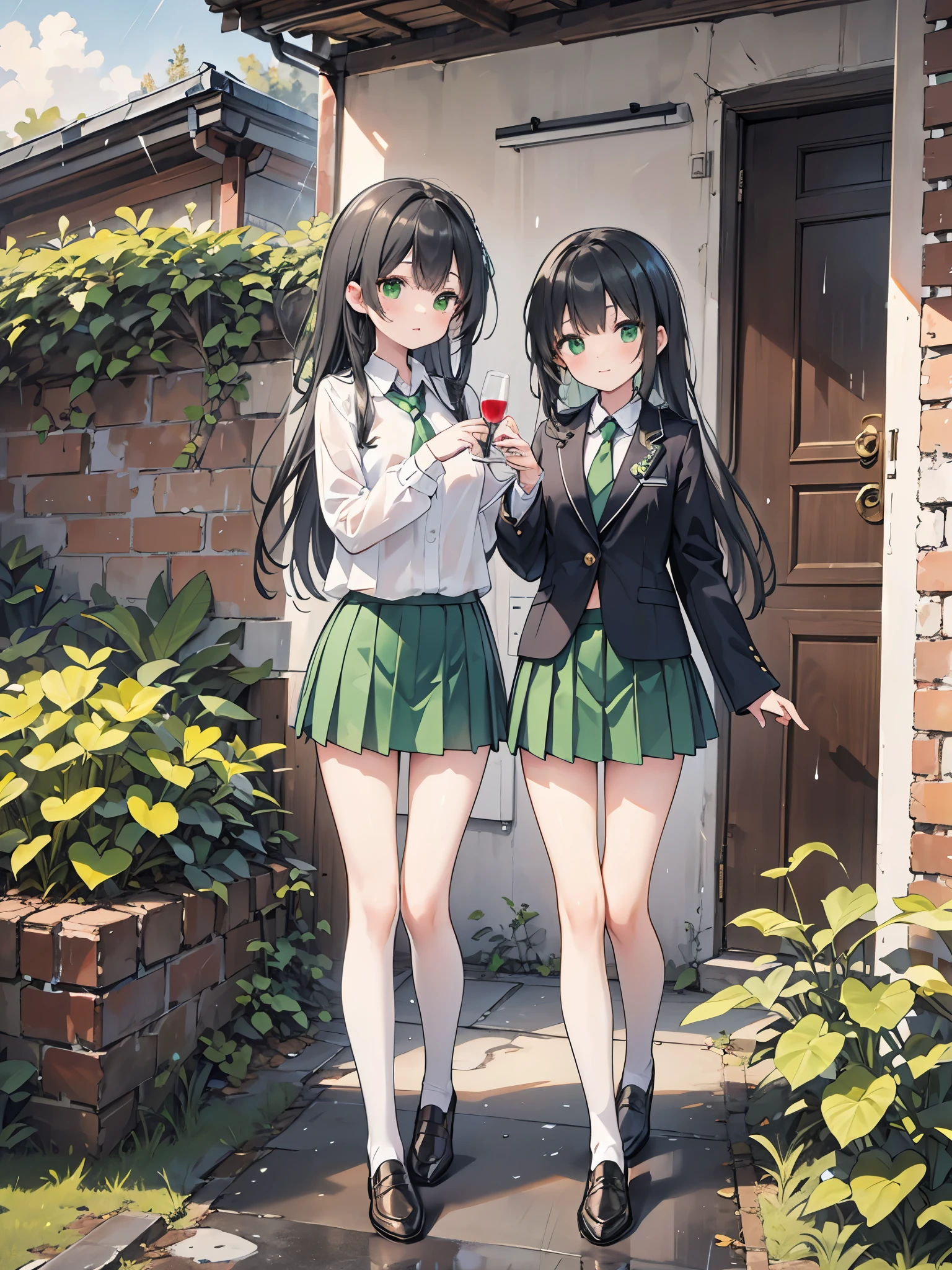 ((Best Quality, 8k, masterpiece: 1.3)),Human Girl,((Petite,Glamorous Body,Curvy)),cute,Lonely look,((Black Hair)),Long Hair,Beautiful emerald green eyes,Standing posture,(((White blouse,Green tie,Green pleated mini skirt,Black socks,loafers))),((Pouring rain,Sheltering from the rain under the eaves)),Hand holding out an umbrella,