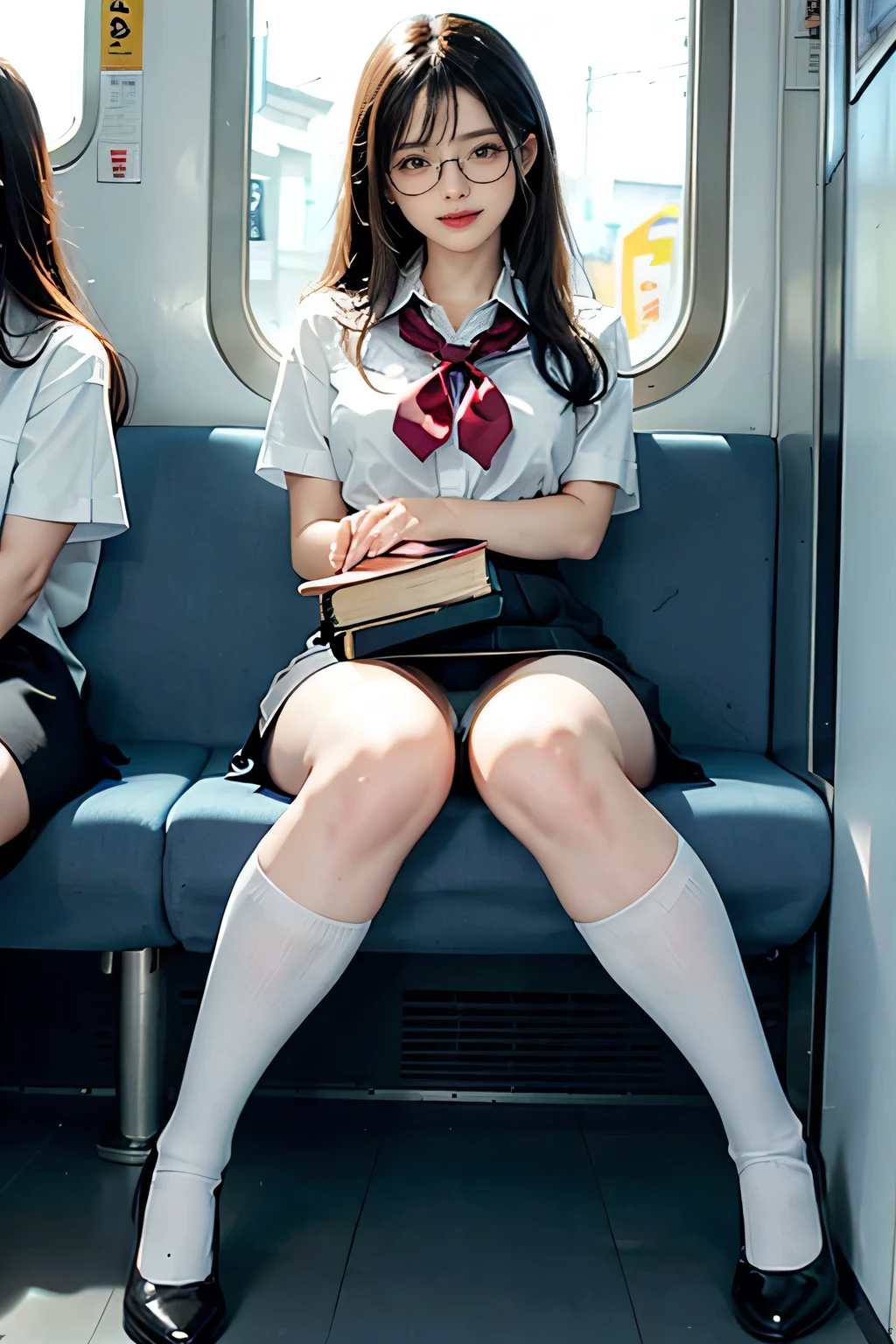 4K.Sharp focus、(((Sit well))), Beauty sitting on train seat, Taken from the opposite seat, Knee height seat, View Photographer, Tall Woman, One Woman, whole body, (Smiling at the photographer), tight skirt, (Over the knee socks), High heels, Sexy Dress, Long legs, Heavy makeup, Perfect Makeup, Perfectly styled hair、Clothes that show the chest、Glasses、Thin and long elbows、(School girl wearing a white blouse) 、Perfectly symmetrical eyes、Fuller lips、Ample breasts、Tight waist、Sweaty thighs、２Book Arms、(Over the knee socks)、(Accurate joint placement５Book fingers)、A woman with anatomically correct muscles and bones、school uniform