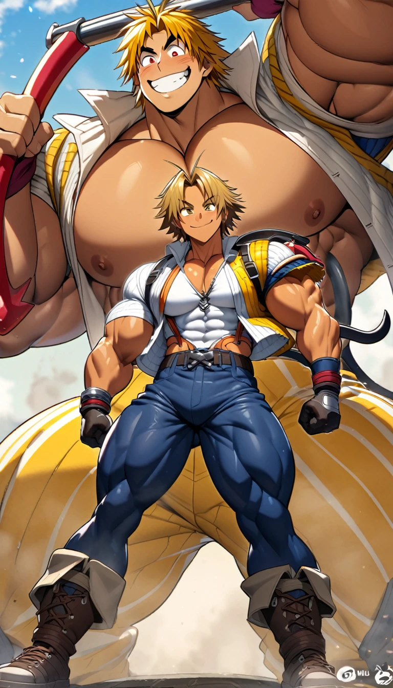 Highest quality,Huge muscles,Full Color,tidus,Massive ,smile wickedly,Open shirt,Shake hard,Devil&#39;s Wings and Tail,Normal position,Huge erect penis,Rubber Suit,Magic circle tattoo,Sex,2boys,((Zoom out,Full body photo)),Stick your tongue out,The devil enters the body,