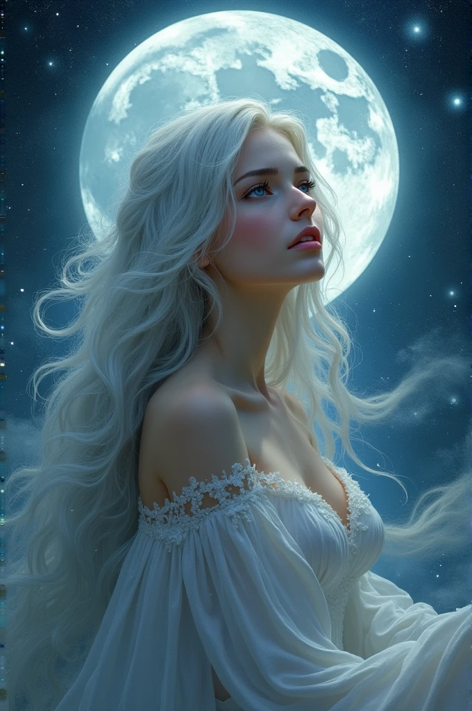 Moon Goddess The background is a fantastic starless night Face is clearly visible from the front Celtic white clothing smile