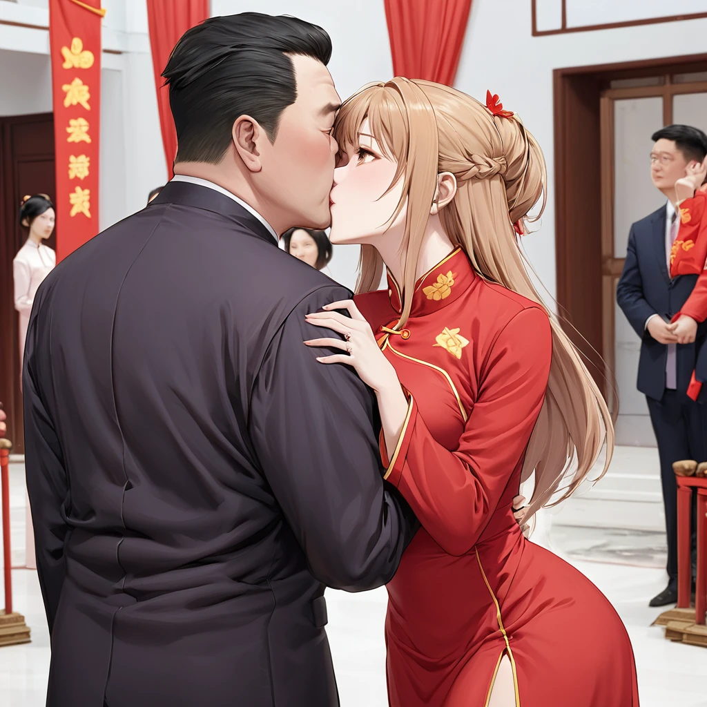 ((Best Quality)), ((masterpiece)), (detailed), （Perfect Face）、The woman is Yuuki Asuna, a beautiful Japanese woman with light brown hair, beautiful proportions and an engagement ring.、The woman is wearing a Mao suit、The woman was given a thorough education in China about the ideas and greatness of the Chinese Communist Party by a middle-aged man who was a member of the Chinese Communist Party, and became a naturalized Chinese citizen.、Women worship the Chinese Communist Party and love China.、The woman and the Communist Party official embrace each other at a luxurious wedding venue, kiss each other in exchange for a vow, get married, and become a loving couple.