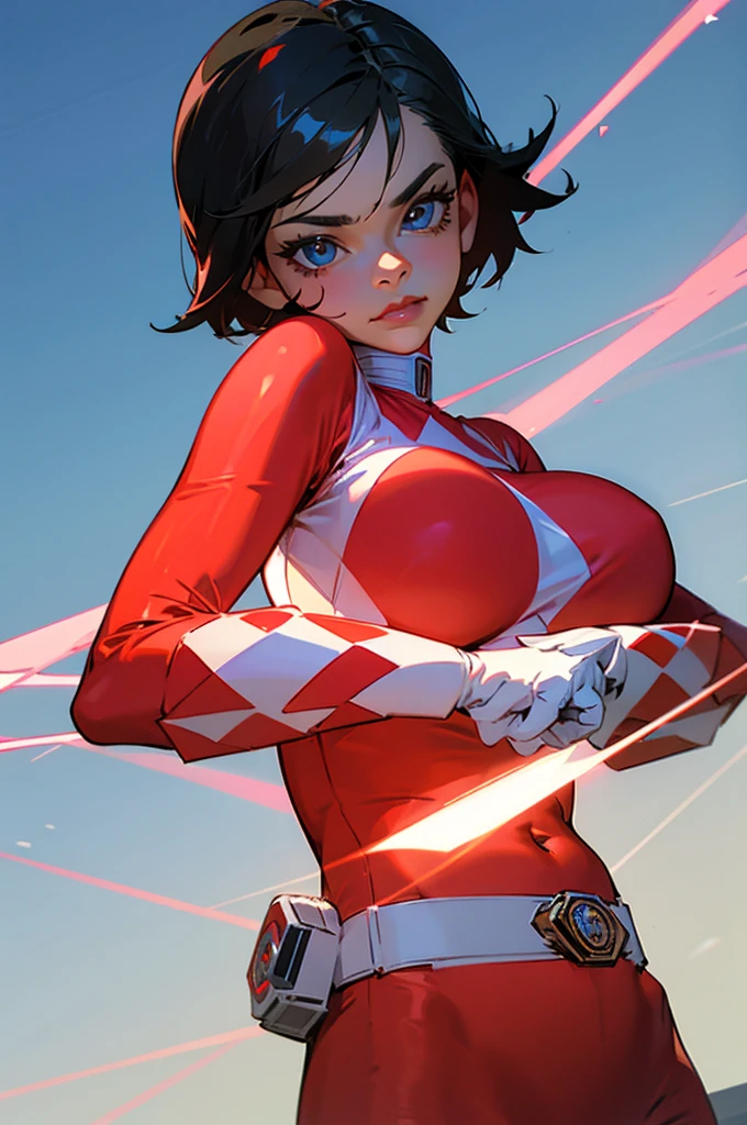 1girl, solo, black hair, short hair, looking at viewer, blue eyes, large breasts, cute,redranger