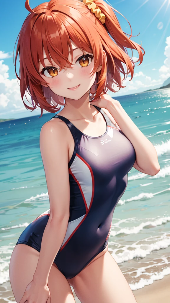 masterpiece, best quality, highres, aaritsuka, short hair, ahoge, hair scrunchie, orange scrunchie, one-piece swimsuit, smile, beach, medium breasts