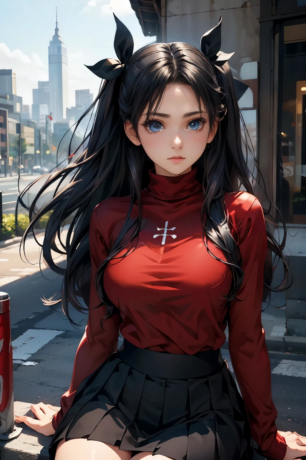 (masterpiece), best quality, expressive eyes, perfect face, 1girl, solo, rintohsaka, rin tohsaka, aqua eyes, black hair, hair ribbon, long hair, ribbon, sidelocks, two side up, black skirt, black thighhighs, long sleeves, miniskirt, pleated skirt, ((red sweater)), skirt, sweater, thighhighs, turtleneck, city background, sitting, character sheet, upper body, portrait, looking at viewer