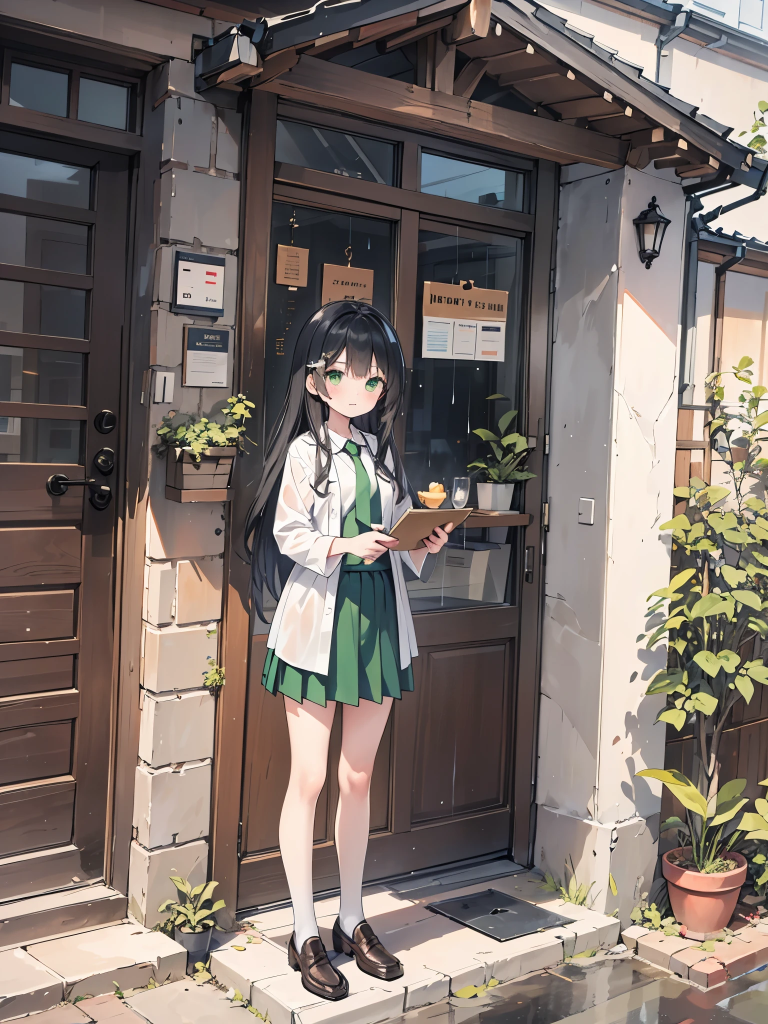 ((Best Quality, 8k, masterpiece: 1.3)),Human Girl,((Petite,Glamorous Body,Curvy)),cute,Lonely look,((Black Hair)),Long Hair,Beautiful emerald green eyes,Standing posture,(((White blouse,Green tie,Green pleated mini skirt,Black socks,loafers))),((Pouring rain,Sheltering from the rain under the eaves)),Hand holding out an umbrella,