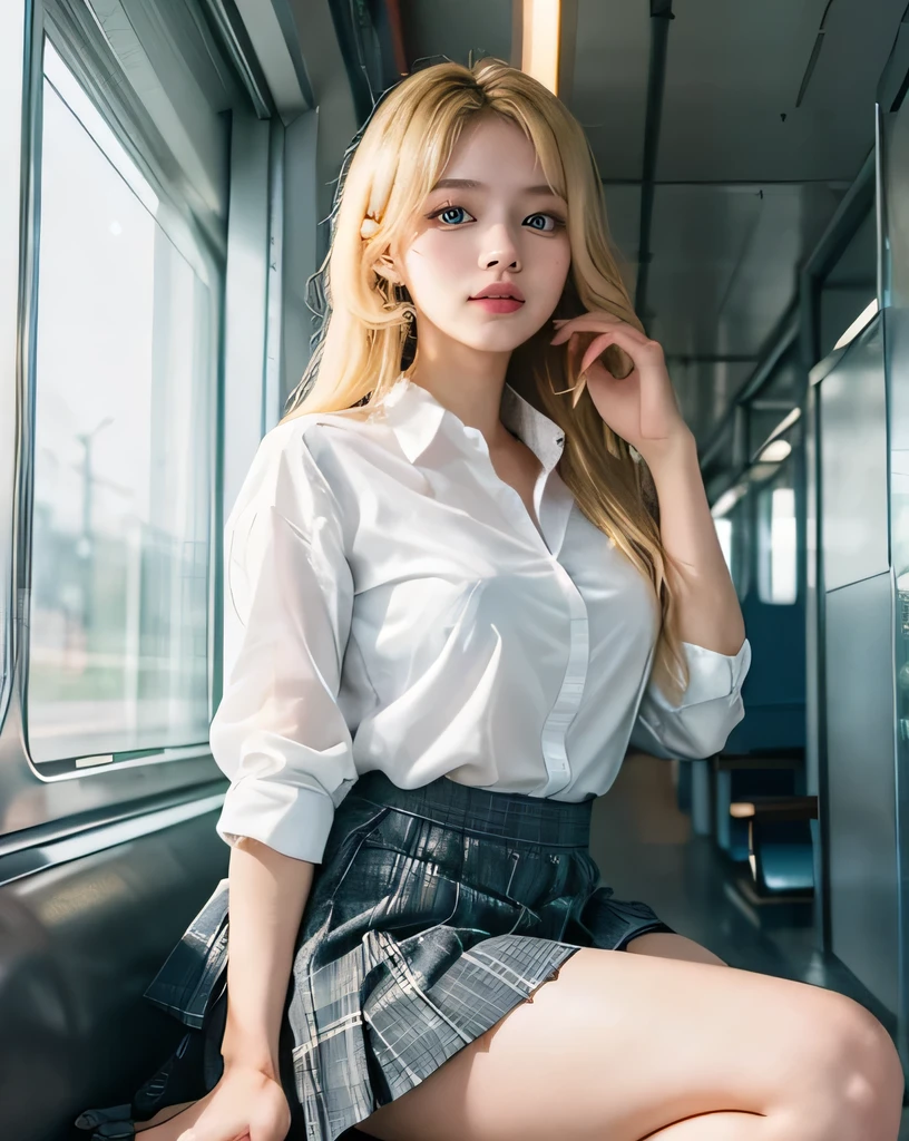 8K、Photo image masterpiece、highest quality、Super-resolution、Low angle view from the feet、Molester、Voyeur、Beautiful woman with golden, messy curly hair、((Blonde beauty))、With bangs、Impossibly cute face、And slim、Small breasts、High resolution、masterpiece、Exquisite Function 、Delicate eyes、Delicate blonde hair、8K quality、Pale light and shadow、Dindal effect、Blond hair blown by the wind、With bangs、Random Hairstyles、((A photo from the delicate feet)、(Detailed RAW Photos of Girls)、(Tabletop:1.25)、 (Highest quality:1.6)、(超High resolution:1.5)、(Real:1.75)、8K resolution、 (RAW Photos:1.2)、(Realistic:1.4)、Beautiful detailed woman、Very narrow waist、Very detailed eyes and face、Beautiful fine details、She is looking at the window、Ridiculous、Large file size、Very detailed、High resolution、highest quality、masterpiece、((A light navy blue summer blouse and a white skirt))、Very detailed、CG、Unified、8k wallpaper、wonderful、The finer detailasterpiece、highest quality、 Light on the face、sunglasses、Cinema Lighting、One 23 year old woman、((Inside a crowded train、Strong wind from the window in the car、A woman sitting in the seat directly in front of me with her feet together on the floor、Anxious expression、Both feet on the floor、Men on both sides、The Molester man on the right touches her thighs、The Molester man on the left is groping her breasts.、Wearing high heels、White Stockings、garter belt、Lighting from below、The inside of the skirt is also clearly visible.、Liked images、Voyeur: T-back panties of random colors and shapes peeking out from under a skirt、See-through thong panties、))