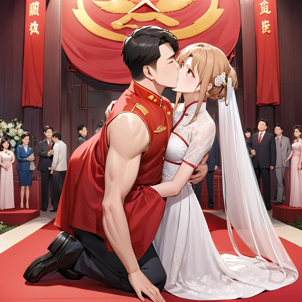 ((Best Quality)), ((masterpiece)), (detailed), （Perfect Face）、The woman is Yuuki Asuna, a beautiful Japanese woman with light brown hair, beautiful proportions and an engagement ring.、The woman is wearing a Mao suit、The woman was given a thorough education in China about the ideas and greatness of the Chinese Communist Party by a middle-aged Chinese man who was a member of the Chinese Communist Party, and became a naturalized Chinese citizen.、Women worship the Chinese Communist Party and love China.、The woman and the Communist Party official embrace each other at a luxurious wedding venue, kiss each other in exchange for a vow, get married, and become a loving couple.