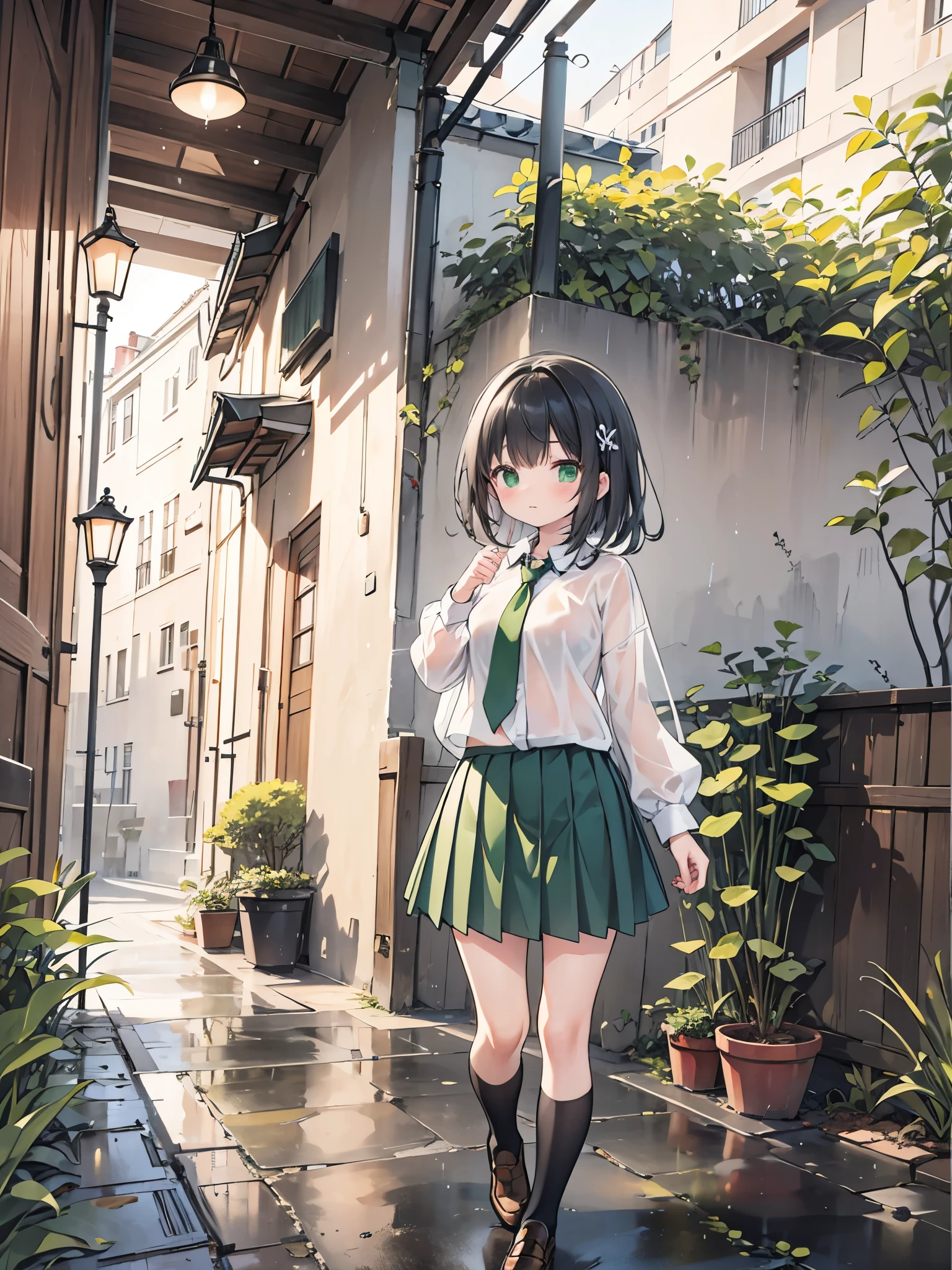 ((Best Quality, 8k, masterpiece: 1.3)),Human Girl,((Petite,Glamorous Body,Curvy)),cute,Lonely look,((Black Hair)),Long Hair,Beautiful emerald green eyes,Standing posture,(((White blouse,Green tie,Green pleated mini skirt,Black socks,loafers))),((Pouring rain,Sheltering from the rain under the eaves)),Hand holding out an umbrella,