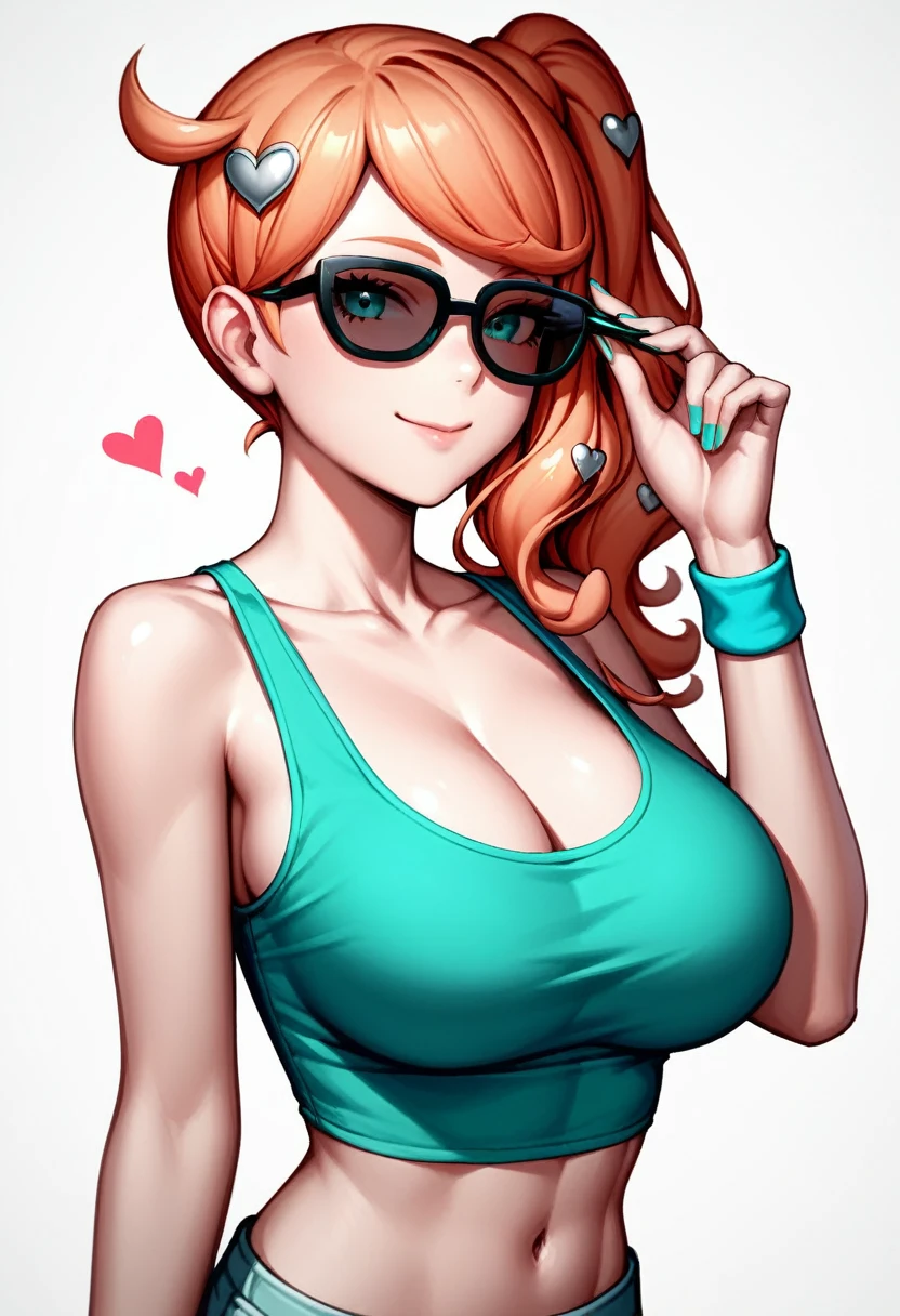 sonia, side ponytail, cleavage, upper body, looking over eyewear, 1girl, collarbone, closed mouth, green shirt, sunglasses, orange hair, heart, simple background, aqua eyes, heart hair ornament, sketch, wristband, tank top, adjusting eyewear, looking at viewer, navel, midriff, crop top, hair ornament, smile, solo, bare shoulders, long hair, medium breasts 