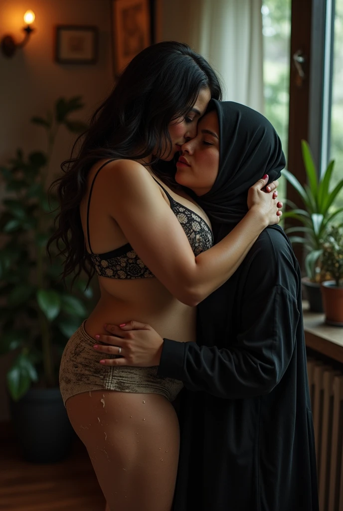 Lesbians, hijab, short dress, big boobs, Nipple, romantic, in room, on bed, sexy, seductive, licking each others lips, love, sexy, soft Lighting,