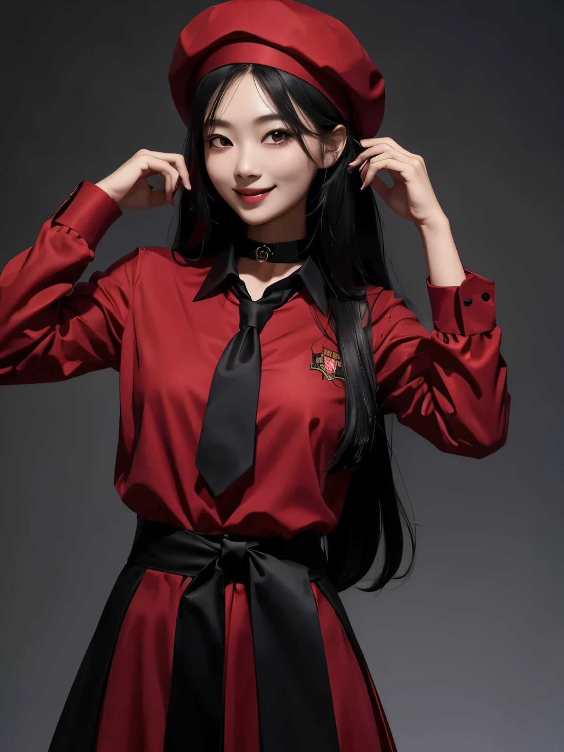 1girl, black long hair, wear red shirt, long sleeve,collar,long tie,red berret, Black skirt,smile, korean girl, ((super detailed)), ((beautifull)), black background, standing