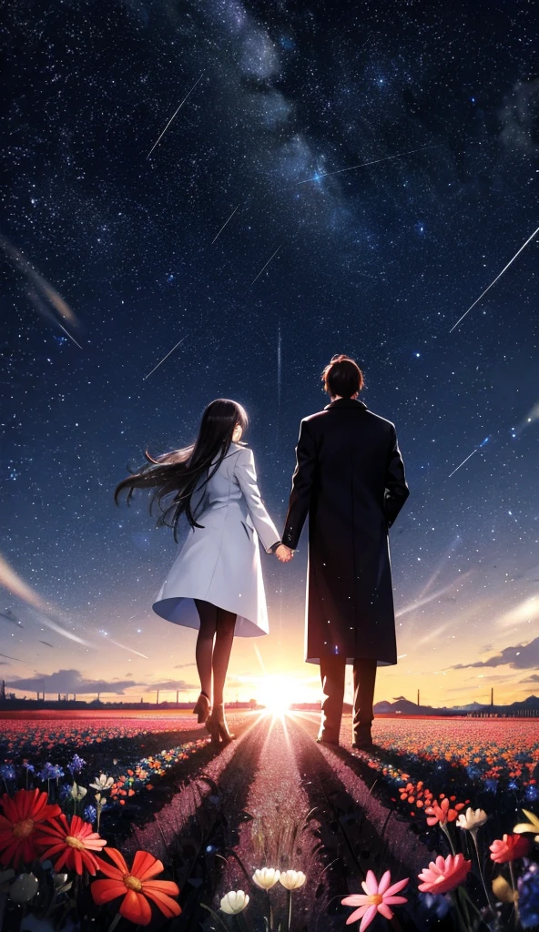 Starry Sky，Animated scene of a couple standing in a flower field,Rear View，Understanding facial expressions，The man is wearing a long black coat，The woman is wearing a white long coat