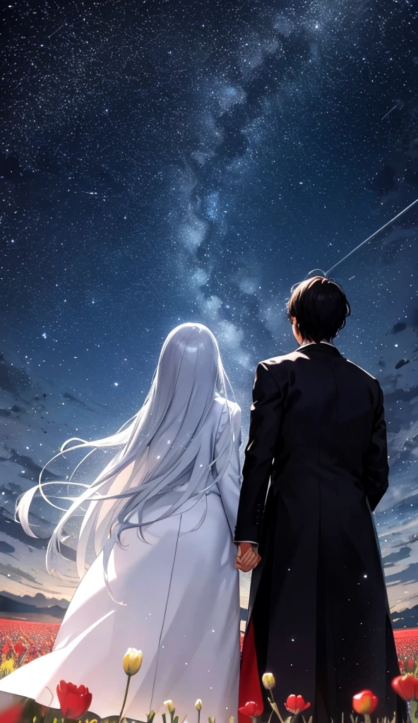 Starry Sky，Animated scene of a couple standing in a flower field,Rear View，Understanding facial expressions，The man is wearing a long black coat，The woman is wearing a white long coat