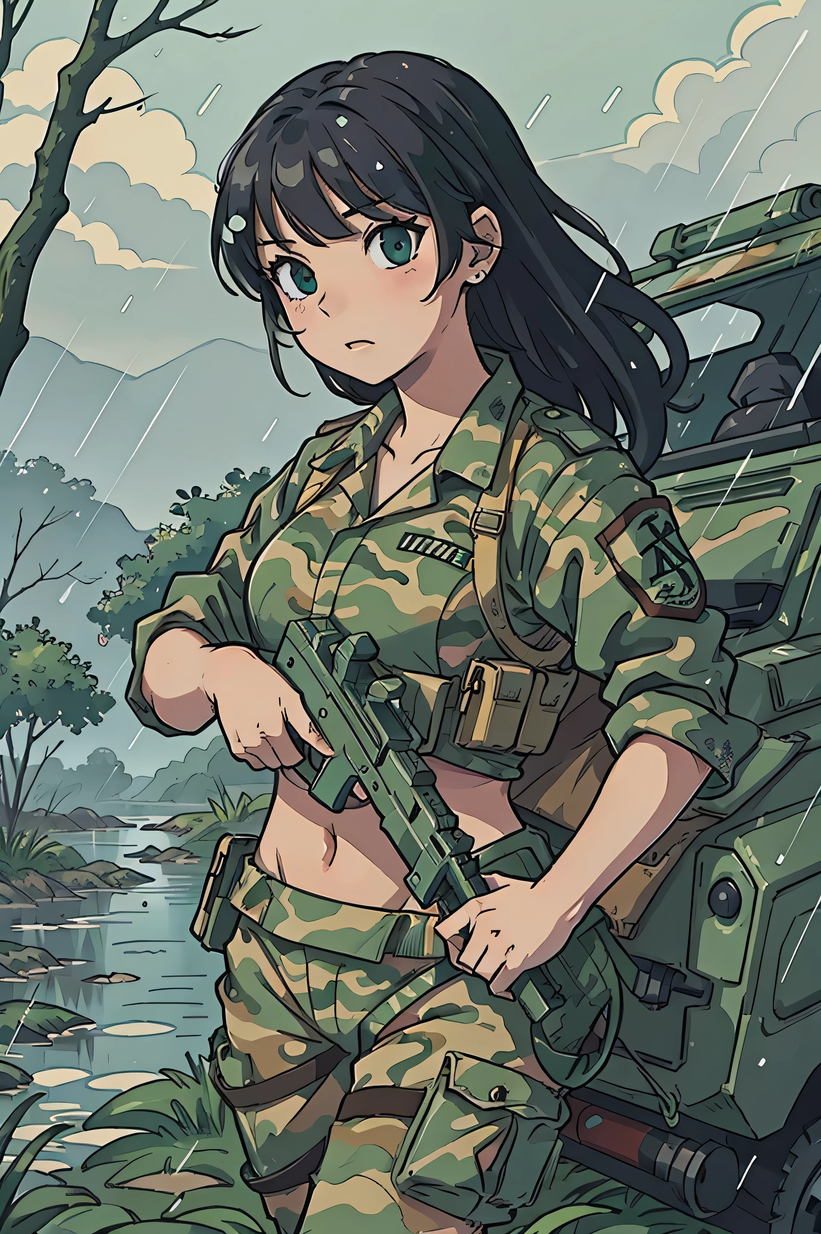 Masterpiece, manga illustration A team of women with guns ,Bikini camouflage uniform, Ride through the swamp,Rained