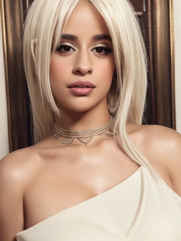 (masterpiece, best quality, photorealistic realistic), 1 woman, camilacabello, bare shoulders, white hair, shiny brown eyes, closed mouth, collarbone, dress, lips, lipstick, long hair, looking away, makeup, nose, solo, upper body
