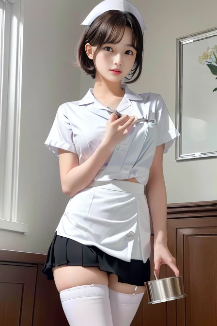 (masterpiece:1.3), (8k, Realistic, RAW Photos, Best image quality: 1.4), Japanese, (1 girl), Beautiful Face, (Lively Faces), (short hair:1.3), Beautiful Hairstyles, Realistic eyes, Beautiful Eyes, (Realistic Skin), Beautiful Skin, charm,、office、(Shooting from a distance、Beautiful feet、whole body:1.7)、(Look here、He turned his body towards me、front、forward leaning posture、munechira:1.3)、(The bra is slightly visible、Brasilia:1.3)、(White shirtを着ている、Round Neck Shirt、A shirt with a slightly open chest、White short sleeve shirt、White shirt:1.8)、(Cleavage:1.、smile、Beautiful fingertips、(Japanese office lady,beauty:1.5)、(Black spats、White shirt、Tight shirt、Clothing that emphasizes your body line),(The edge of the bra is slightly visible、Exposed breasts、Brasilia:1.pital room、hospital、Health Room)、(Female doctor、Female doctor、Wearing a white coat:1.4),(V-neck shirt,Cleavage、The bra is slightle:1.5),Red embroidered bra、Sitting、(Panties are visible、Crotch is visi)、Anatomically correct、(Wearing a shirt、Wearing a tight skirt:1.8)