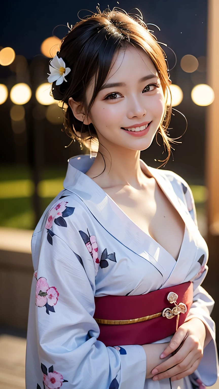 （8k、RAWphotograph、highest quality、masterpiece：1.2), Looking at the audience,Viewed from the front,Sexy pose, strong,erotic,student,White skin,knees,Absurd,Small face,Part the front hair from the center、The forehead is visible,(Be embarrassed,Squint your eyes,Glare,strong,skinny,skinny,Irritated)、masterpiece,highest quality、超A high resolution,one person, one personで,Close-up shot、cute、Return to student,(A pure white floral yukata:1.5),high school girl,Japanese women,Are standing,（Photorealistic：1.37）、Photon Mapping,Realistic、cuteSmall face,Brown eyes、 rather large eyes, prospect、Written boundary depth、Blurred Background、photograph,girl、(I can see the front hair), hair, I can see the knees,Light clothing,, thigh,Nogizaka Idol, actress、Natural Breasts、Cleavage、Super quality、Low people、(Skin with visible pores:1.2)、(Focus on the face)、Check and correct the garment construction, (Big Breasts:1.3), (Night Festival:1.4): forehead, ((Staring at me:1.4)), ((Looking at the camera)), ((cowboy shot:1.4))、 ((Big smile:1.5)),((Slightly smaller nose)), ((kneesから上:1.4))
