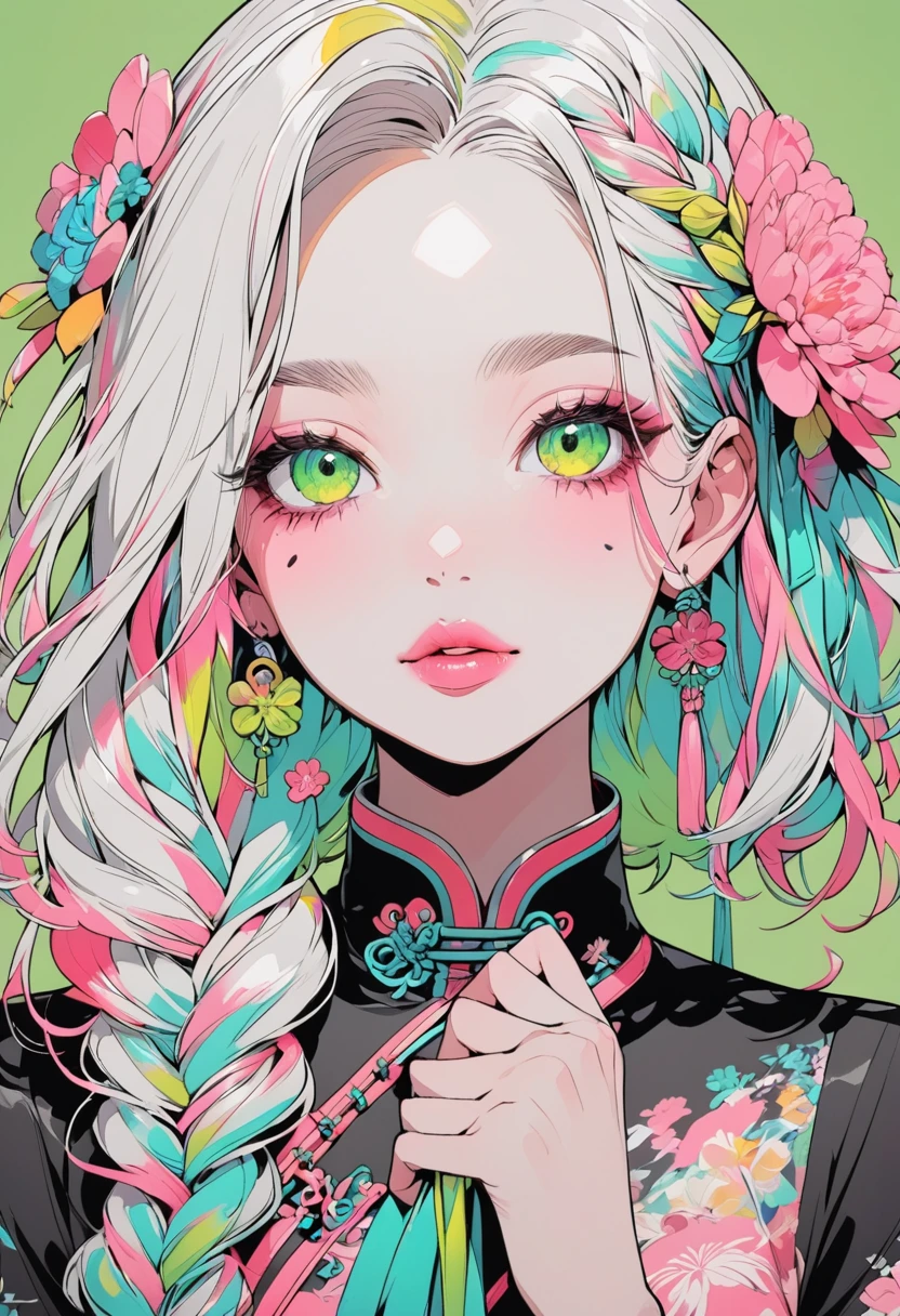 (Best Quality:1.4, City Pop Style, Very detailed, Latest, Vibrant, High contrast, ), Gal, One Girl, Alone, Change to 5 fingers, (Draw the number of fingers exactly), ((Front close-up shot:1.4)), Fluorescent hair, Braiding, Droopy eyes, Medium Bob Style, Pastel colors, Chinese dress, flower, Portraiture, Asymmetrical bangs,  Green Eyes, Cute Face. Lips in Love, Stylish design, Pure Green Background.