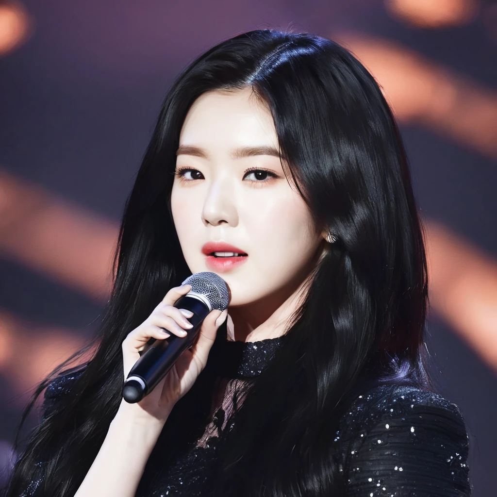 a photo of irene, Ohwx Woman, on stage singing, Black hair, The best quality, Beautiful face 