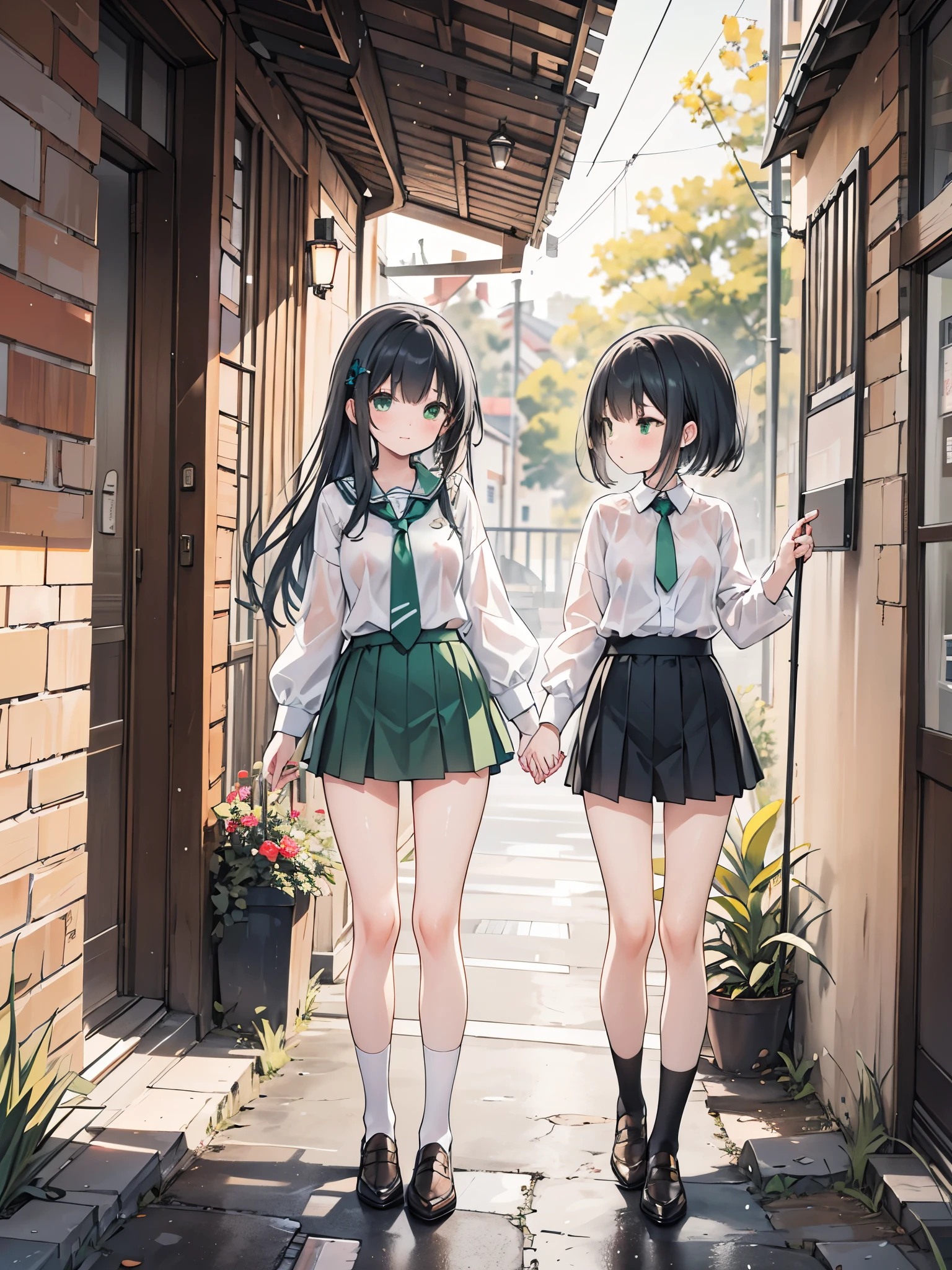 ((Best Quality, 8k, masterpiece: 1.3)),Human Girl,((Petite,Glamorous Body,Curvy)),cute,Lonely look,((Black Hair)),Long Hair,Beautiful emerald green eyes,Standing posture,(((White blouse,Green tie,Green pleated mini skirt,Black socks,loafers))),((Pouring rain,Sheltering from the rain under the eaves,Hand holding out an umbrella)),