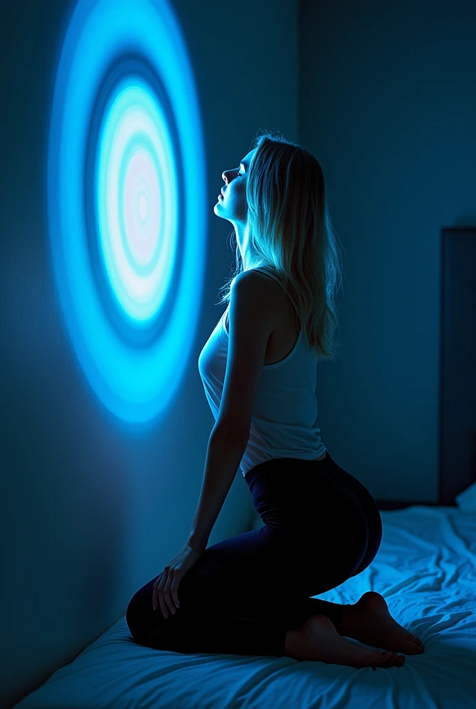 beautiful girl, bikini, sitting on her knees, looking down, total darkness all around, on the floor is her reflection, the girl is glowing with bright blue light, she is translucent, video game style, half-turned to the camera, her back is thrown back,