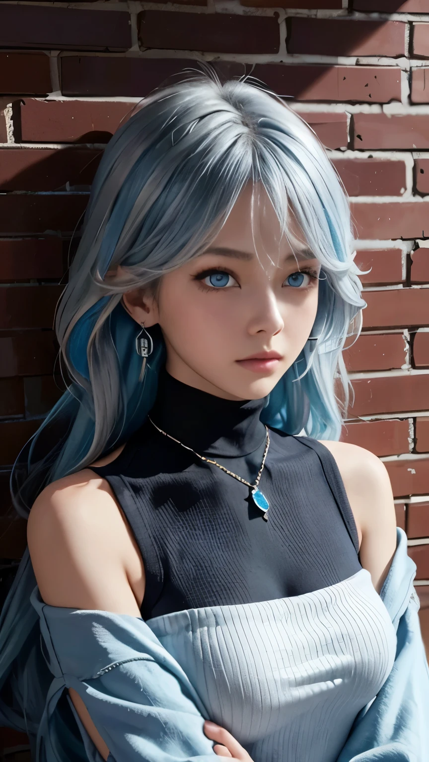 （masterpiece，outstanding，1girl，Alone，intricate details，Color difference），Realism，（medium breathing）），Off the shoulders，big，Huge tits，sexy，Eight Emiko，long blue hair，Silver Headwear，red highlights，hair above one eye，blue eyes，earrings，sharp eyes，Perfectly symmetrical figure，Choker，neon shirt，slit jacket，turtleneck sweater，Against the wall，brick wall，Graffiti，dim lights，alley，looking at the audience，（（make sense，enchanting，charming） ),（Sakura background））），Red brick wall background