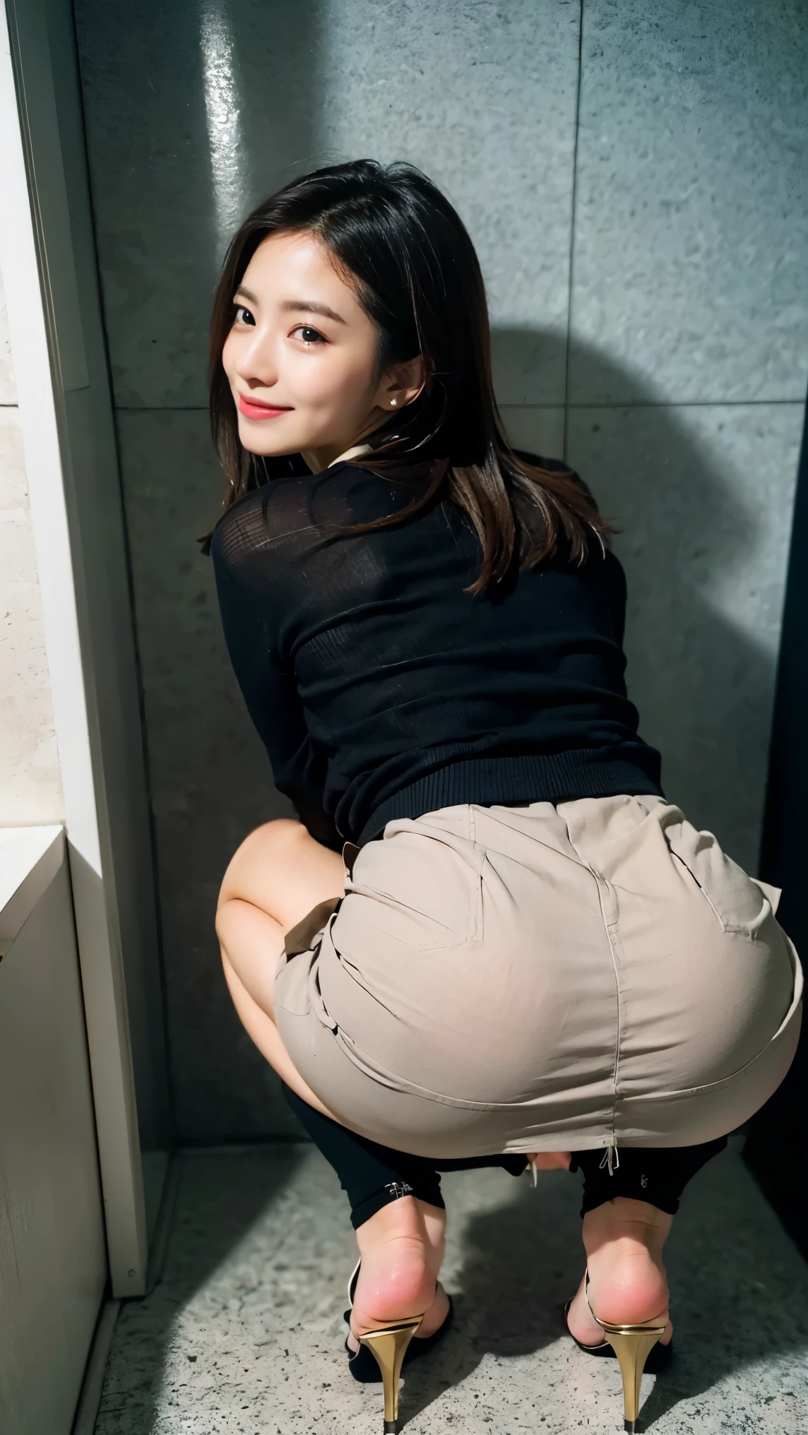 (masterpiece:1.3), (8k, Realistic, RAW Photos, Best Quality: 1.4), Cute Japanese Woman:1.5, Smile、mini skirt:1.5、OL:1.5、Toilet cubicle:1.5、Medium Hair:1.5、((I can see her pussy through her skirt:1.5))、((Angle from behind:1.5))、Squatting to pee:1.5、