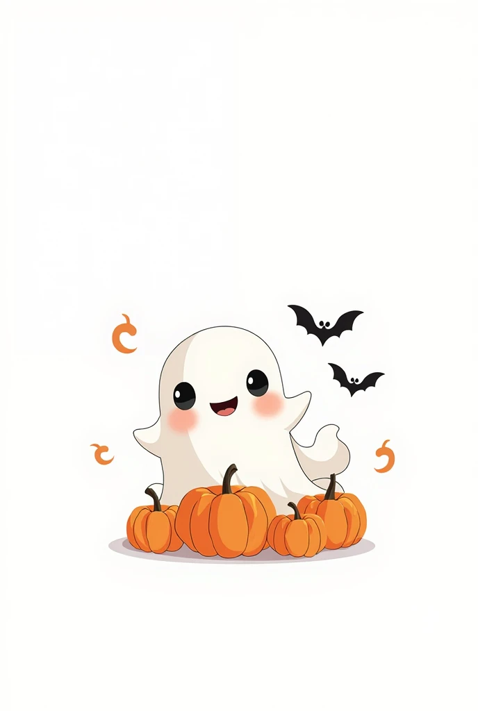 Create a full-body pastel watercolor painting of a chibi ghost character on a white background. The ghost should have a round, soft shape with a friendly, smiling expression and blushing cheeks. Dress the ghost in a cozy orange beanie with a fluffy pom-pom. In one hand, it holds a cute jack-o'-lantern pumpkin, and in the other, holding a an adorable gray kitten with black shiny eyes. The scene includes small, flying bats in the white background. The color palette should be soft pastels with a focus on light orange, gentle whites, and subtle grays to create a whimsical, dreamy Halloween vibe."