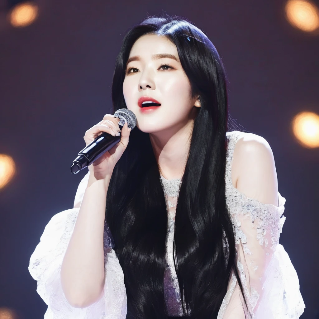 a photo of irene, Ohwx Woman, on stage singing, Black hair, The best quality, Beautiful face 