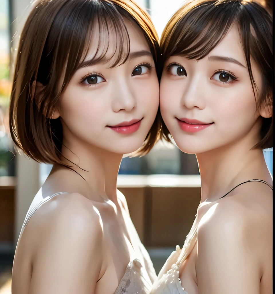 Best Quality、8k、Best image quality、Professional Lighting、Natural Light、Ultra-high resolution、Clear Photo、Beautiful and delicate skin、No makeup、thin、Very cute３people々、(Bian、same-sex love、Love each other)、White skin、(Very short hair:1.6)、Brown Hair、(Small breasts、Flat Chest)、Big erect nipples、Exquisite appearance、(Affectionate３people々:1.8、{{kissu３people々:1.8、Embrace each other:1.8、Put your lips on it:1.6)、Detailed Background、３people々Idol group member:1.6、(Wearing white underwear:1.8、Small underwear、See-through underwear)、Full body photo、(Expressions of joy、Ecstasy)
