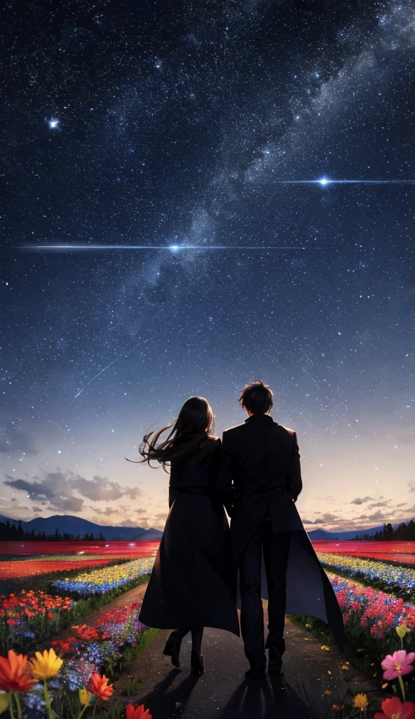 Starry Sky，Animated scene of a couple standing in a flower field,Rear View，Understanding facial expressions，The man is wearing a long black coat，The woman is wearing a white long coat