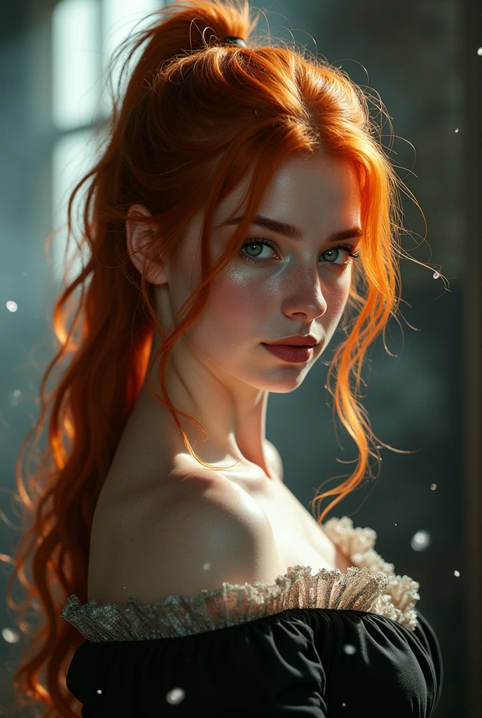 (solo, full body photo:1.3), (action packed:1.3), (haze, fog, mist:1.3), chiaroscuro, best quality, photorealistic, 1woman, (cute), (24yo:1.2), redhead, long ginger hair highly detailed, 1700'S, digital photography, art by artgerm and ruan jia and greg rutkowski surreal painting gold butterfly filigree, broken glass, (masterpiece, sidelighting, finely detailed Fashionable eyes: 1.2) (perfect oval large eyes that gazes at the viewer), beautiful detailed face, blue gorgeous perfect eyes, (blonde hair ponytail), (attractive young woman:1.3), (thick amazing hair), (seductive:1.1), (blushing:1.1)