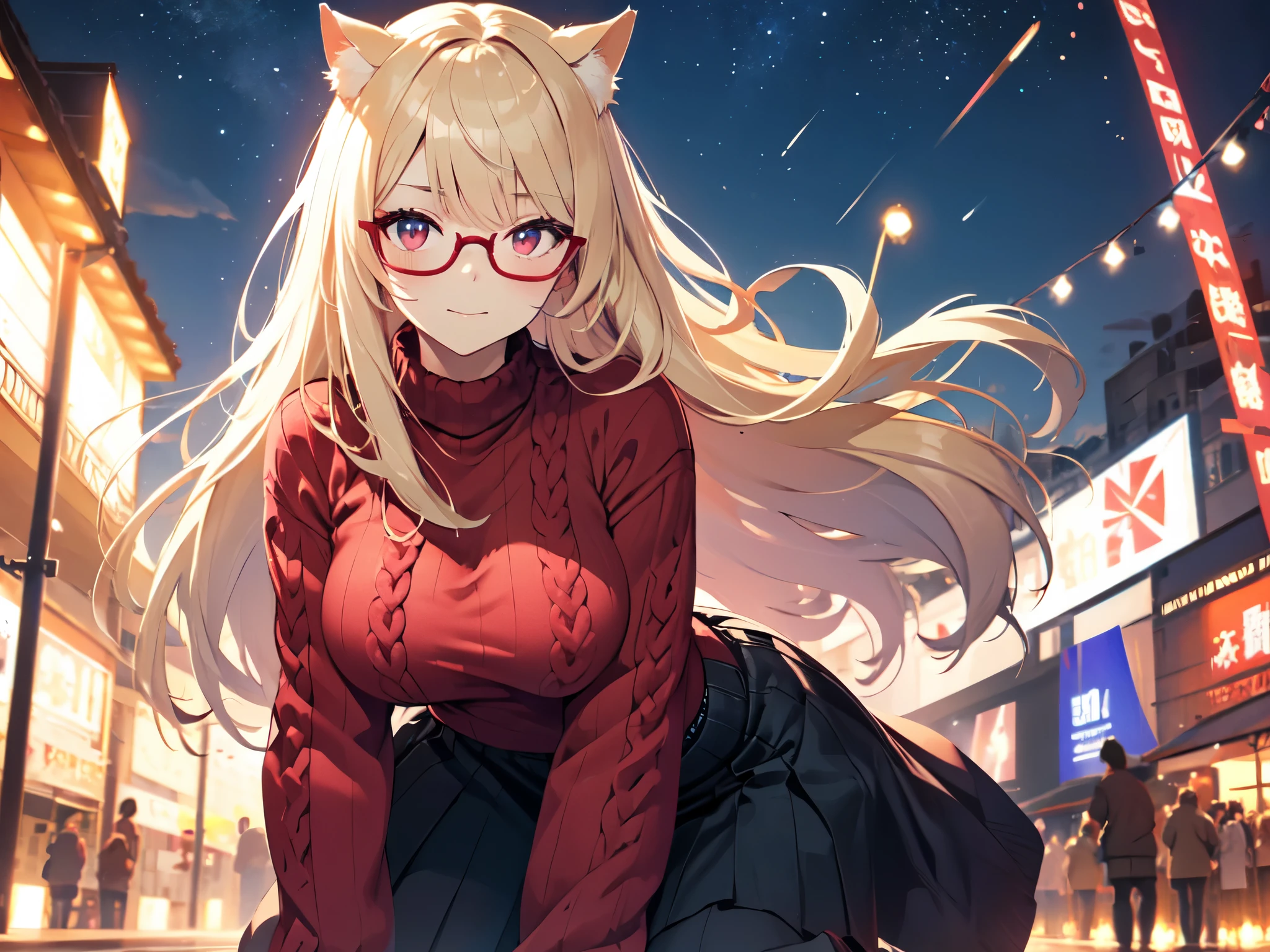 solo、alone、woman、Cat ears、Big Breasts、Kneeling and bending forward、Mature Woman、(Wearing pink glasses)、Cheek makeup、(Red Cable knit sweater)、Long skirt、Starry Sky、Night Sky、Strong winds、Center of chest、Smug face、Blonde、Long Hair、Red Eye、Half Twin、Cut-in、UHD、masterpiece、correct、Super detailed、high detail、Awards、Best Quality、High resolution、8k