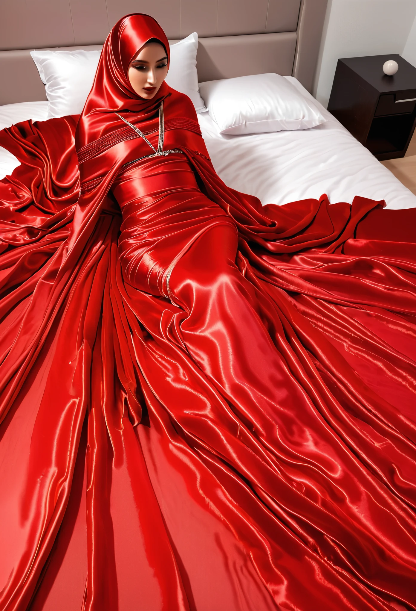 A woman shrouded in a 10-meter-long,woman plush red semi transparent satin shimmer cloth, tightly bound and grandly draping along the form of her body, poof style on the bottom outfit, flowing off into a pooled floor-length train, styled in a mermaid-inspired outfit, her head modestly veiled in a satin hijab, tall woman, in bed, a full-body pose conveying a sense of mysterious elegance, captured in a 4k resolution, ultra-realistic