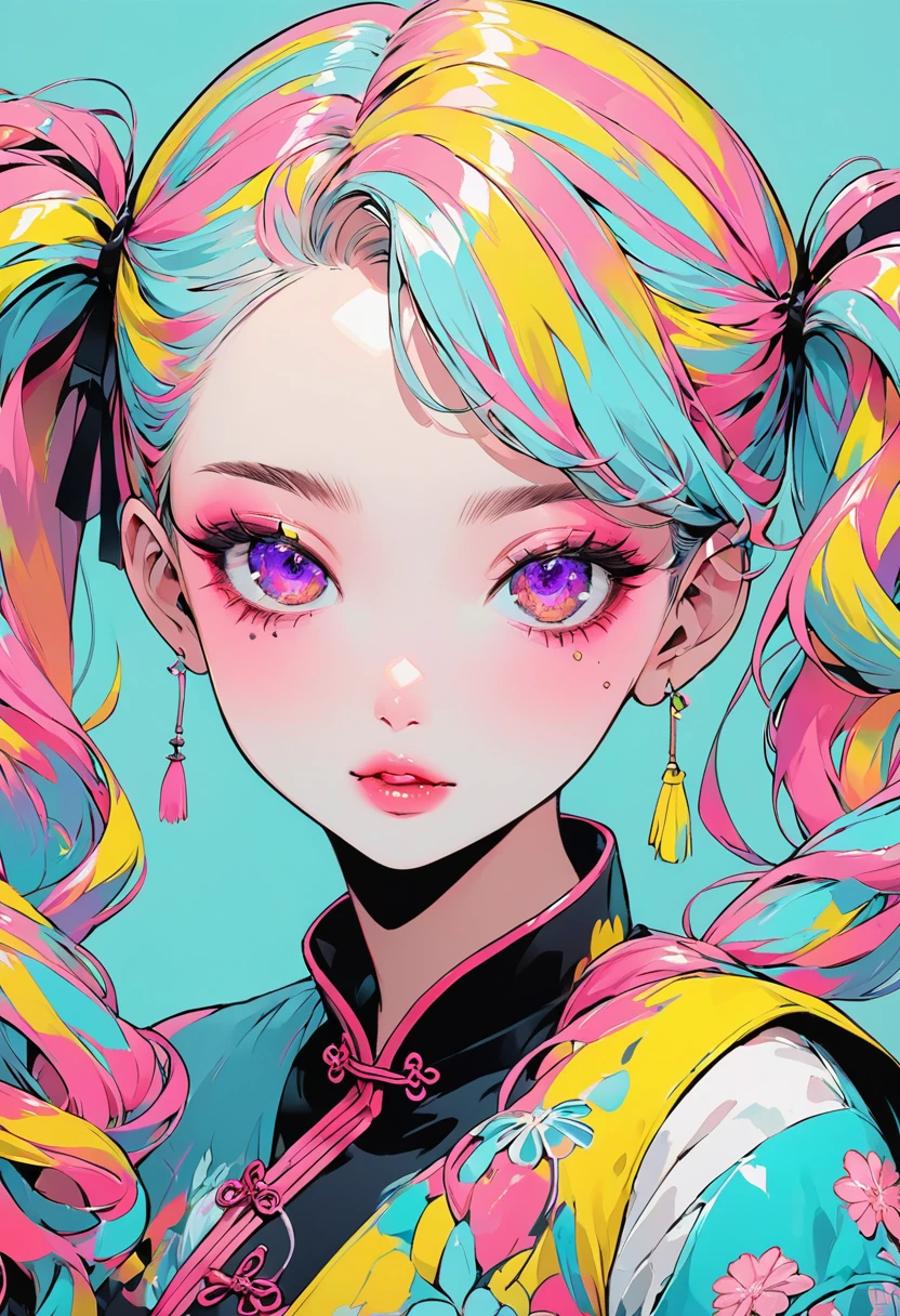 (Best Quality:1.4, City Pop Style, Very detailed, Latest, Vibrant, High contrast, ), Gal, One person, One personで, ((Front close-up shot:1.4)), Neon hair colour, Braiding, Droopy eyes, Twin tails, Pastel colors, Chinese dress, flower, Portraiture, Asymmetrical bangs, Purple eyes, Cute Face. Lips in Love, Stylish design, Pure light blue background.