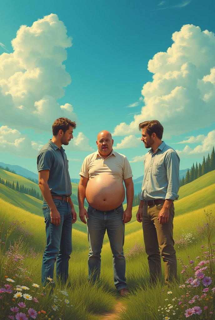 A running old woman, an eating , a naked young man, a bad policeman, a sad lawyer, a bear, and a plump old man are having a picnic together.