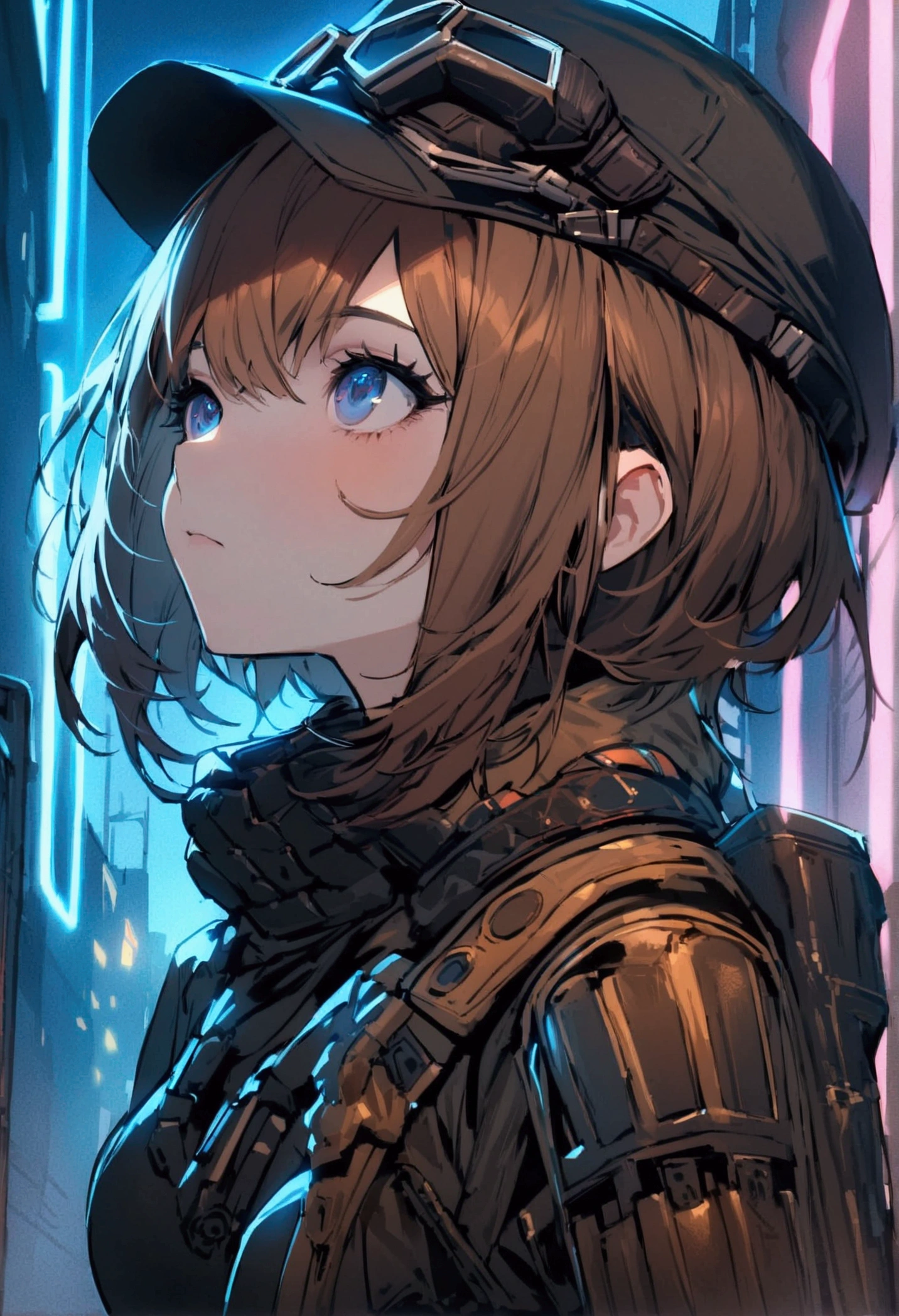 masterpiece,  Best Quality, , (Alone), One girl, look up, Dim Light, , horizon_(Apex Legends), goggles, blue eyes, Brown Hair, Gauntlet, Shoulder Armor,  hat, (Freckles:0.5), , (science_fiction), Outdoor, street, Neon Light, Cyberpunk,