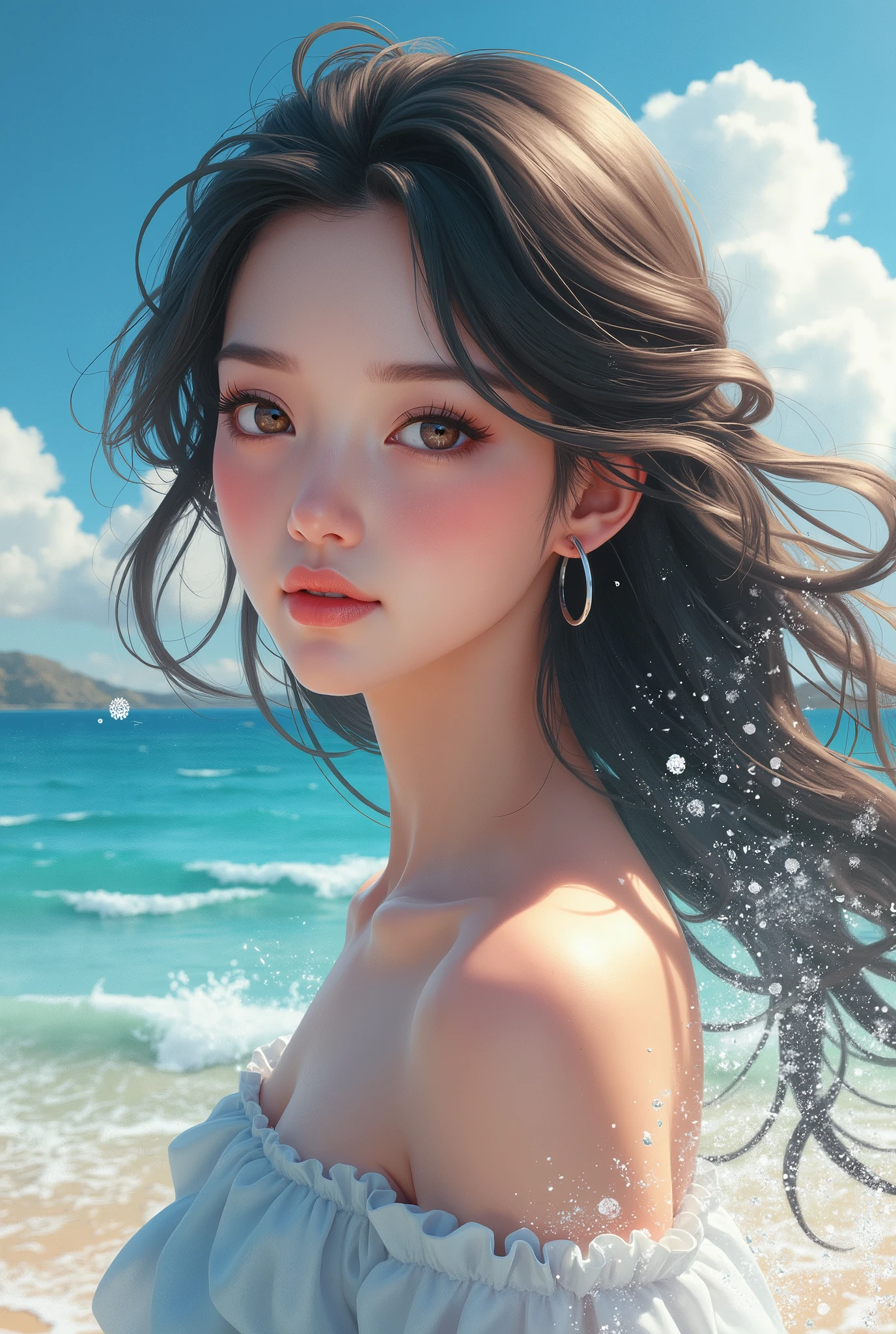 ((masterpiece, best quality::1.4)), realistic, solo::1.4, dark blonde, ((tall and skinny:1.3)), ((madisonbeer-smf::1.3)), ((((Madison Beer face:1)))), highres, highest quallity, (((closeup upper body photo::1.4))), ((fisheye)), (((face photo))), ((looking seductively at viewer:1.2)), (((dark blonde hair colour))), (((sensual pose))), cinematic light, ultra detailed, detailed face, (detailed eyes::1.4), best quality, hyper detailed, masterpiece, (((very glossy blush))), (((glossy full lips))), ((parted lips)), ((long blonde straight hair)), ((not tied)), (detailed face), large breasts, (((slim waist))) , ((completely naked::1.3)), ((wet skin::1.4)), highest details, (luminous pretty large brown eyes:1.6), ((tanned skin:1.9)), ((crawling in the ocean sand::1.5)), ((sunny bright lighting)), ((from above closeup angle::1.4)), ((bigger eyes::1.2)), (clear skin::1.3), ((head tilted)), arched back, ((round bright ))